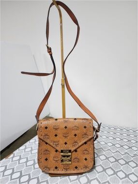 Authentic MCM Patricia Stud Trim Visetos Small Shoulder/ Crossbody Bag Brown